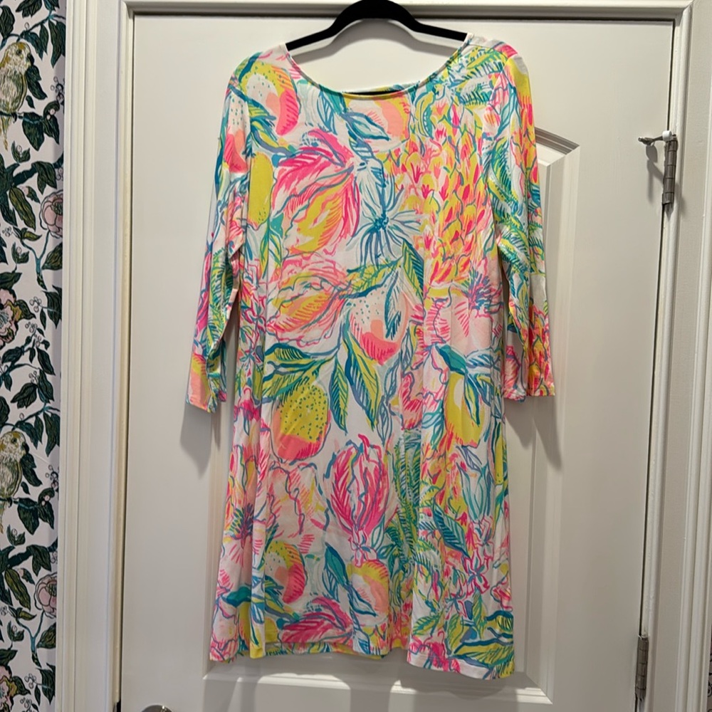 Lilly Pulitzer Ophelia Trapeze Dress in Fiesta Bamba Lemon Print Back XL NWOT